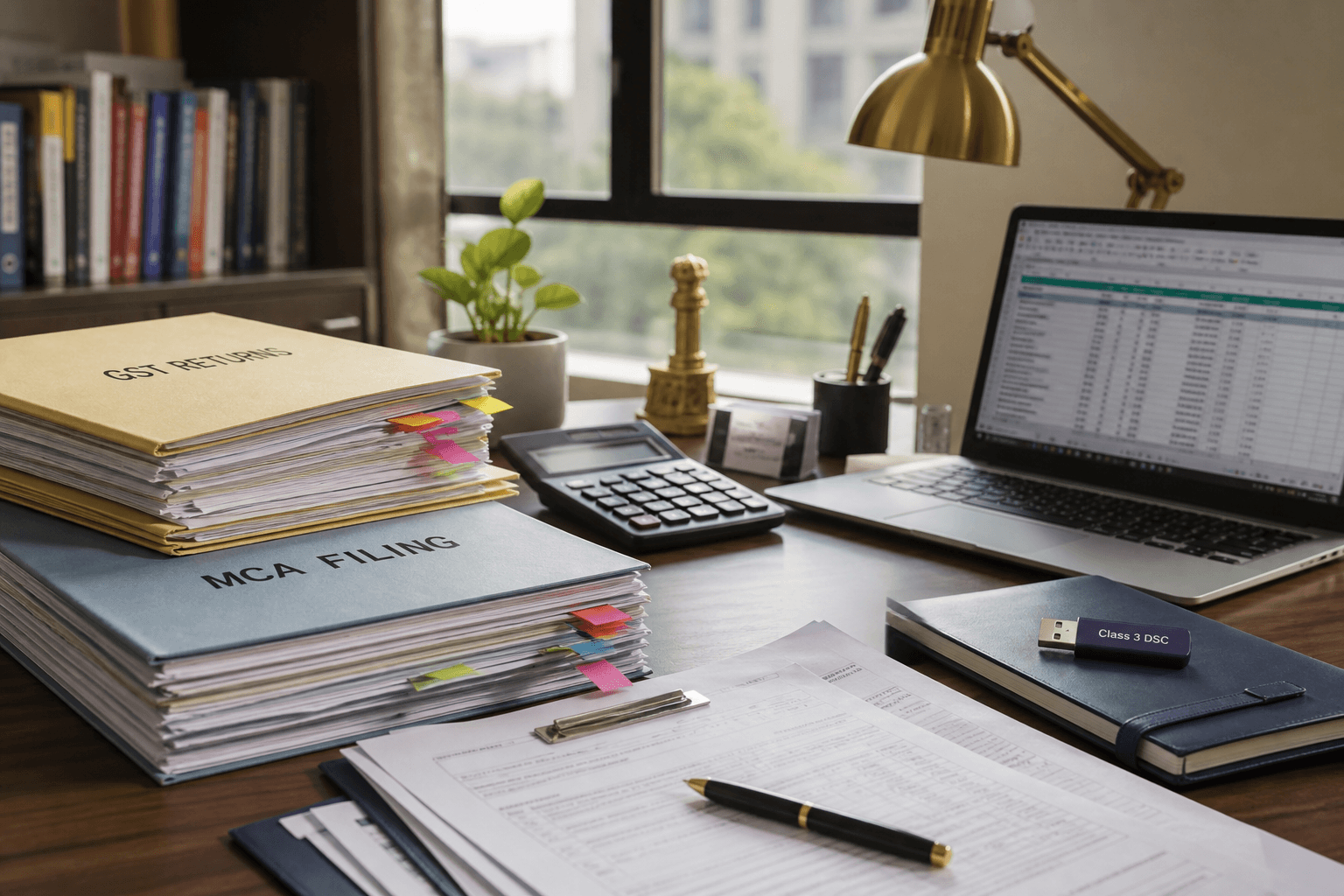 Desk with GST filings, MCA folders and a digital signature token