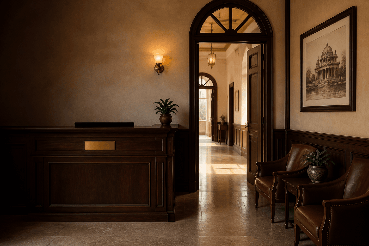 Warm mahogany reception foyer at BKS Consultancy in Sasaram, Bihar